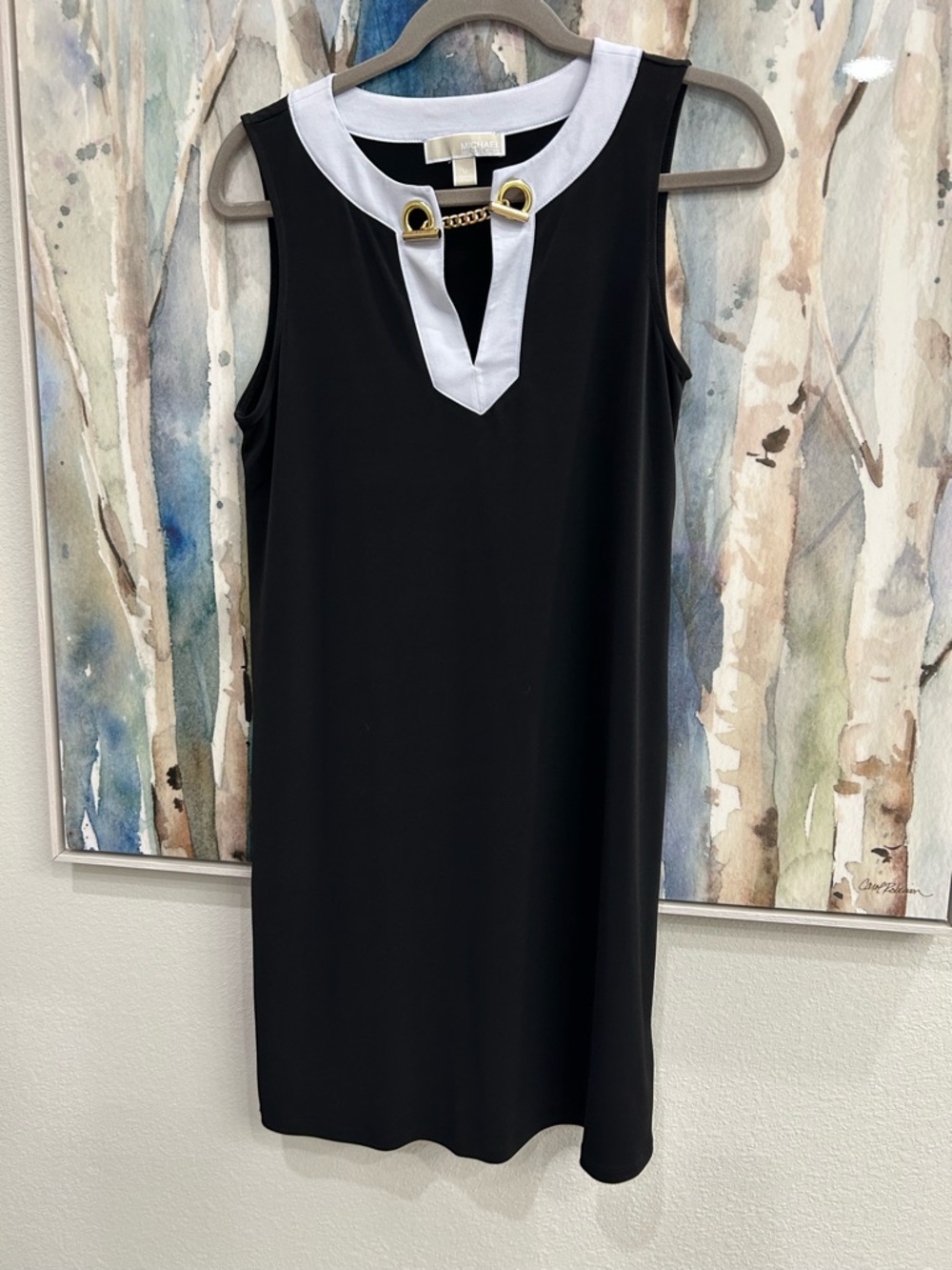 Michael Kors Black Sleeveless Shift Dress with White Trim and Gold Chain Accent